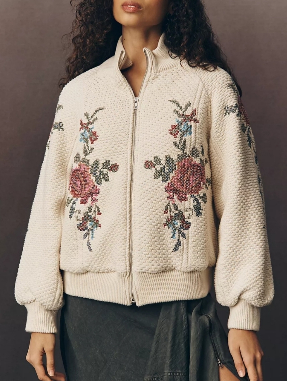 Anthropologie Embroidered Bomber Cream  Cardigan Sweater - XL - NWT